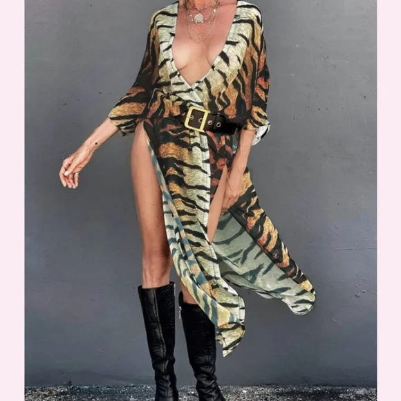 SALE! Last One New Tiger Print Sheer Swim Cover Up Kimono Duster Robe Cardigan - Picture 7 of 13